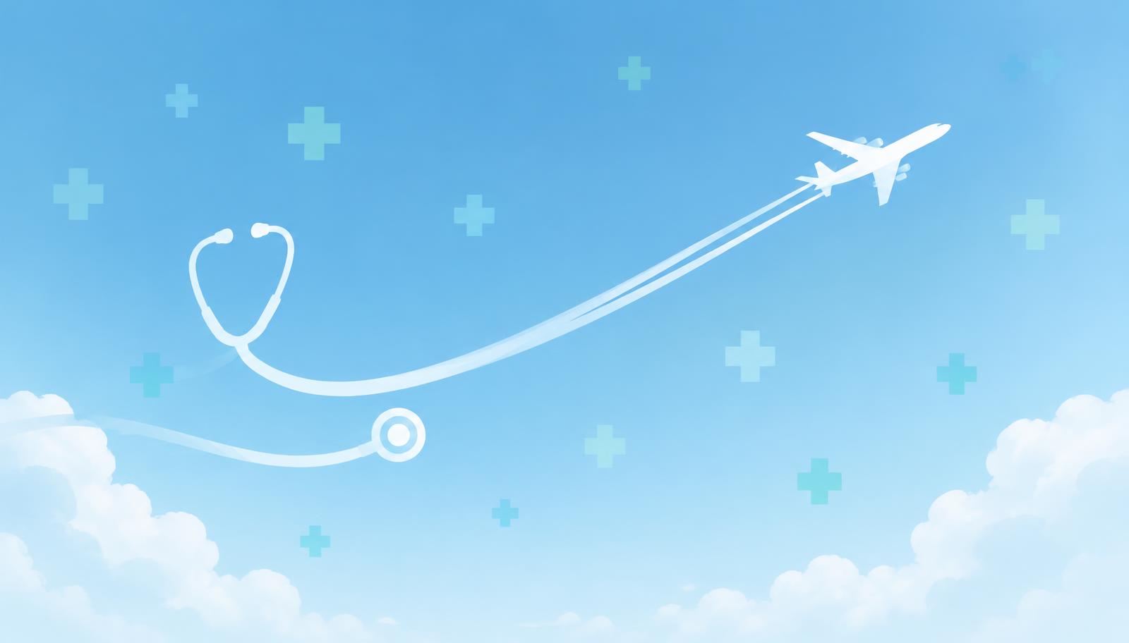 Avion traversant un ciel bleu, traînée formant un stéthoscope